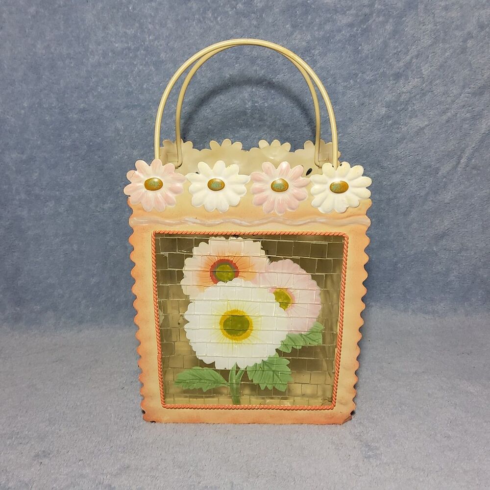 Vintage Metal Purse Lantern Candle Holder Desk Caddy Daisy Flower Stained Glass